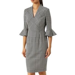 Escada Houndstooth Glen Plaid Virgin‎ Wool Sheath Dress Ruffle Sleeve Sz 34 US 2